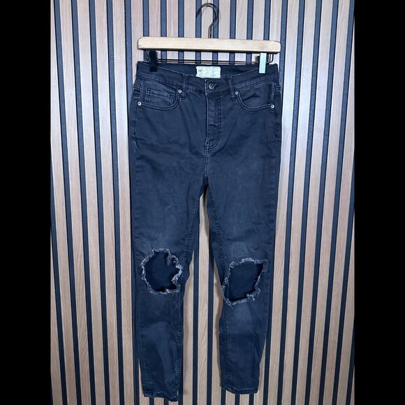 Free People Jeans 28 Womens Black Skinny Ripped Knees Denim Stretch Mid Rise - Picture 1 of 8